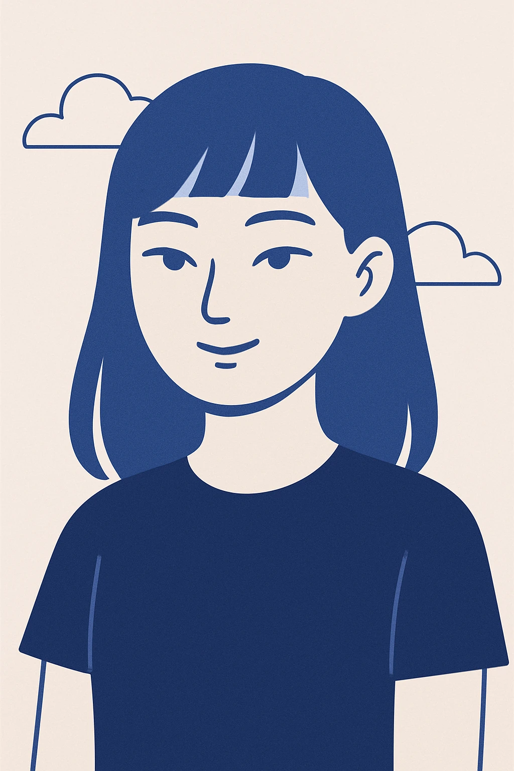 a girl with narrow Asian blue eyes, brown hair, and a small bang below her shoulders, wearing a black T-shirt, clean modern illustration style emoji