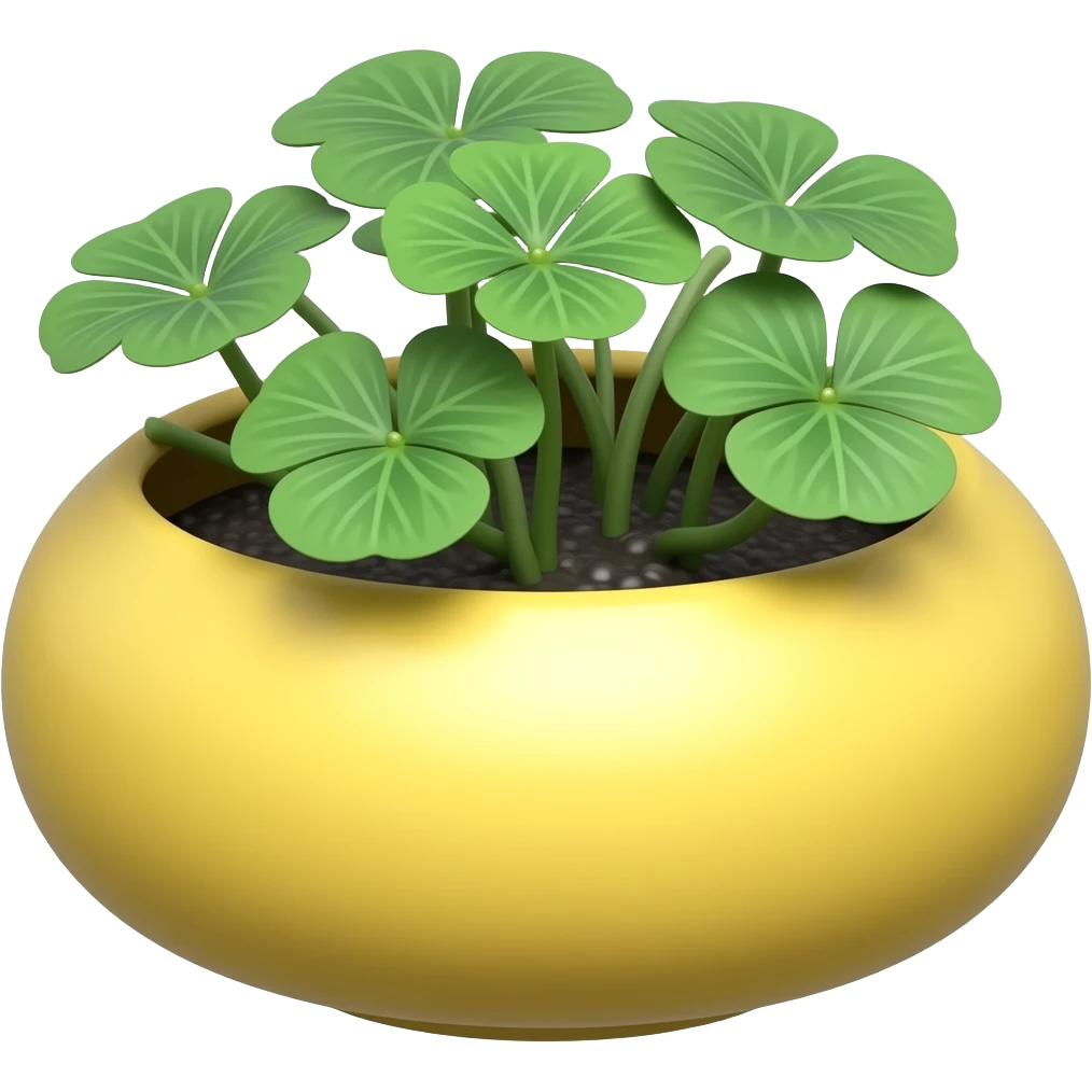 Create an elegant and decorative oval ceramic pot, similar to a bonsai. The pot has a wide mouth and a low height. It is glazed in yellow and contains an Oxalis triangularis plant. The background is white. Illustration style: Cartoon – Art Deco – 2D emoji