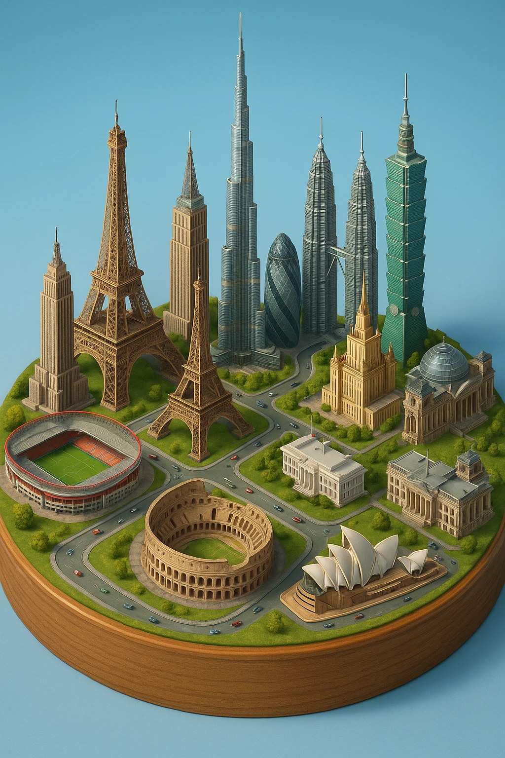 Оставь основу картинки - деревянную подставку, но при этом сгенерируй изометричная, яркая, детализированная и фотореалистичная иллюстрация где будет самые узнаваемые здания мира Эмпайр Стейт Билдинг, Эйфелева башня, Колизей, Сиднейская опера, стадион Сан-Сиро, Белый Дом Пизанская башня, здание МГУ, Бурдж-Халифа, Башни Петронас, Небоскрёб Фостера в Лондоне, Рейхстаг, Тайбэй. Здания не должны повторять и должны быть на картинке в единственном экземпляре emoji