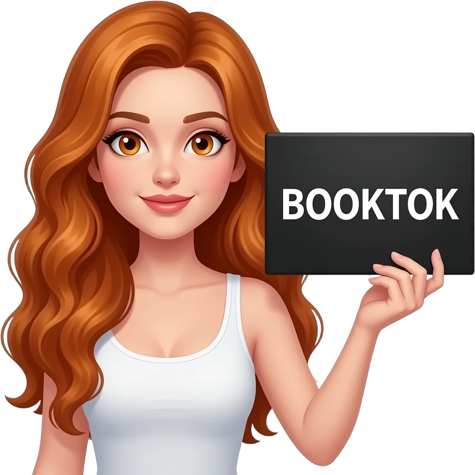 sexy girl with long wavy ginger hair and ginger eyes wearing a white tanktop is holding a black colored sign with BOOKTOK written on it emoji