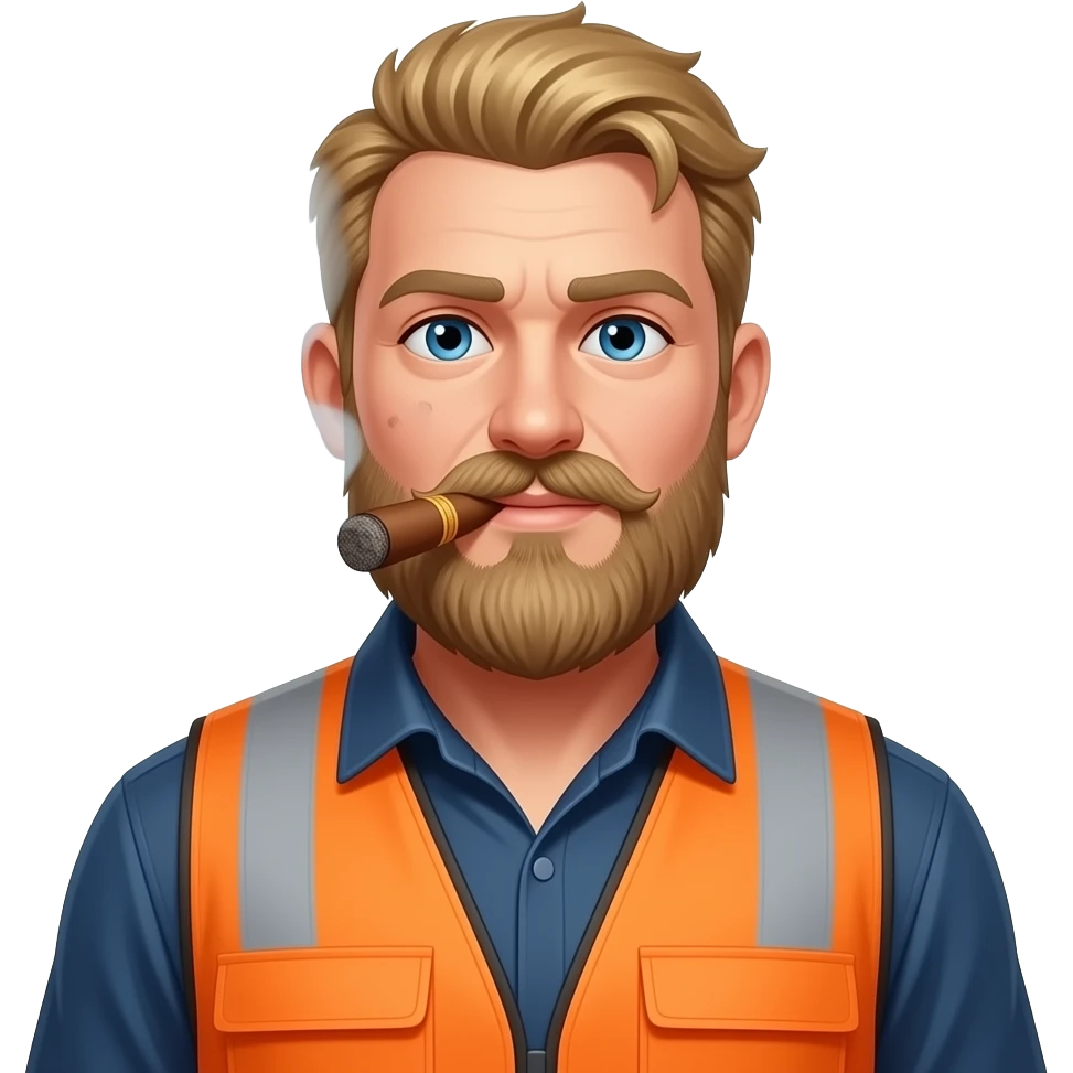 Big Blonde hair Guy with a beard and mole on cheek , smoking a cigar Wearing a construction vest emoji