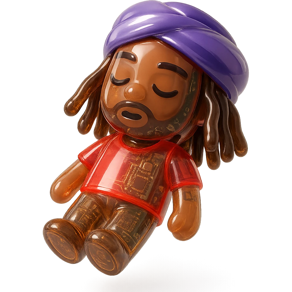 Brownskin man with long brown dreadlocks 
red t-shirt 
purple turban 
expression is sleeping emoji