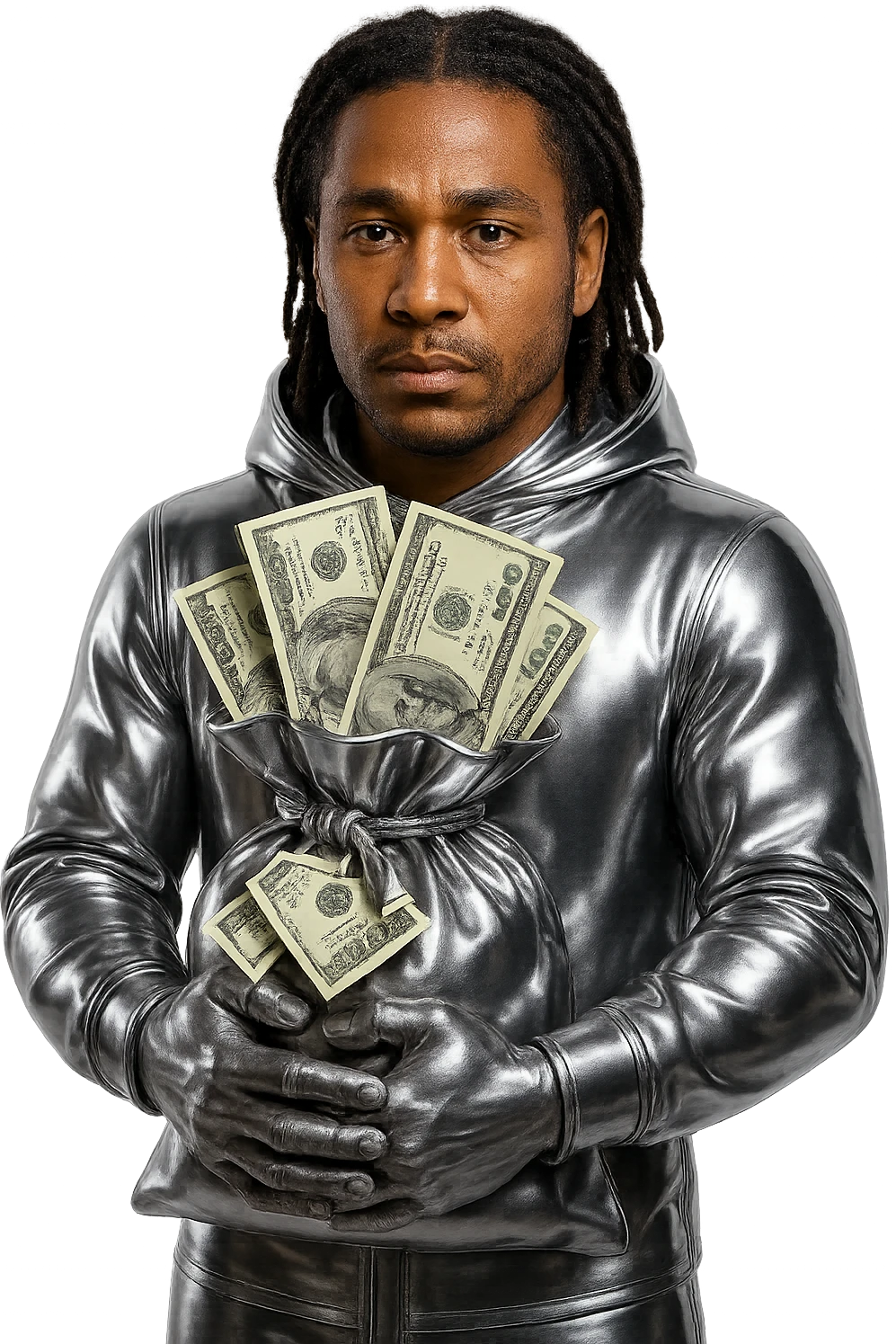 Edit the character to have brown skin and natural facial features with dreadlocks hairstyle. Dress him in a full chrome suit without goggles. He should be holding a chrome brown money bag with realistic US dollar bills coming out of the top and also from the side of him. The background remains transparent. Only the suit and money bag are chrome (bag is chrome brown), while the face, hands, and money look natural and realistic. emoji