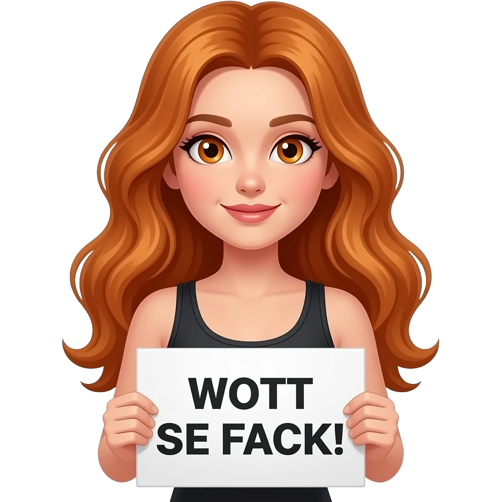 sexy girl with long wavy ginger hair and ginger eyes wearing a black tanktop is holding a white sign with WOTT SE FACK! written on it emoji