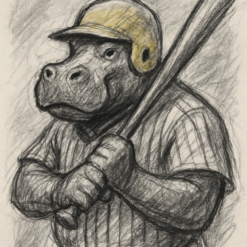 hippo holding a baseball bat, wearing a yellow helmet, pinstripes outfit emoji