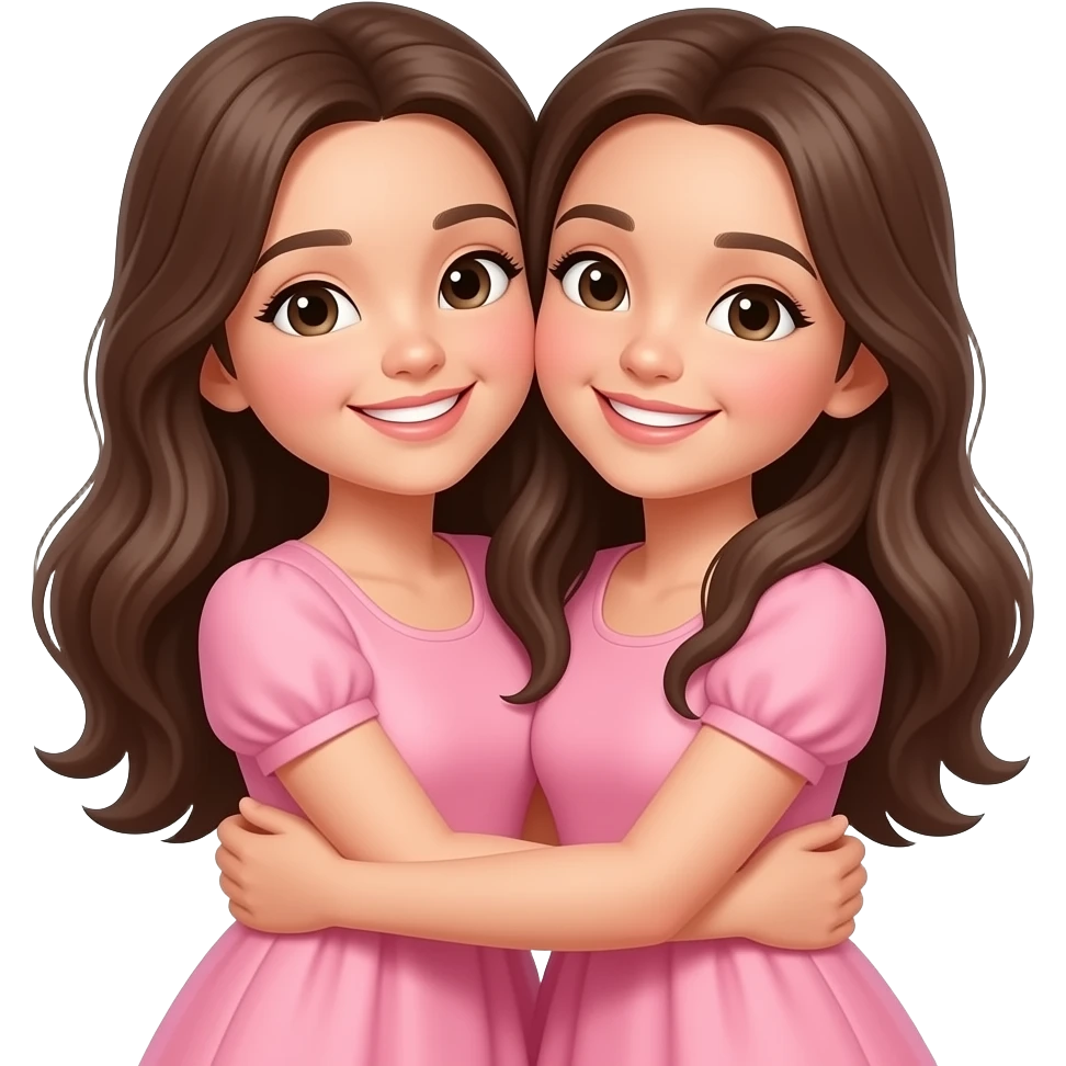Two sisters long hair smiling  hugging wearing pink emoji