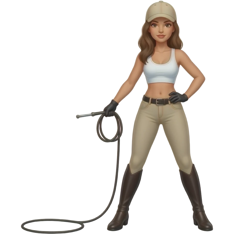 topless woman in beige riding jodhpurs, white crop top, and beige baseball cap, cracking a whip on the ground with one hand, and her other hand on her hip, standing with her legs apart, animated emoji
