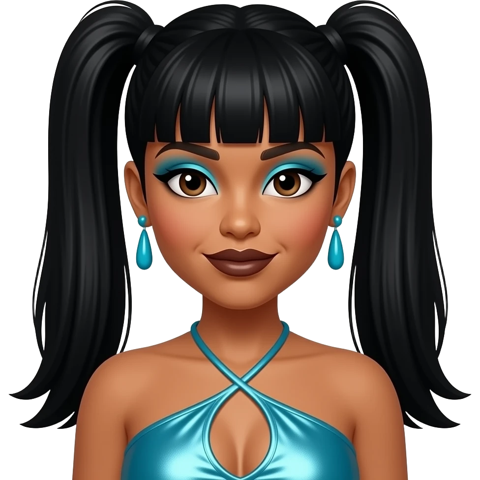 Lisa Left Eye Lopes from TLC with medium dark skin, dark brown eyes, black 90s two high straight ponytail and updo hair with bang, cyan eyeshadow, dark brown lipstick, cyan metallic halter dress, cyan earrings emoji