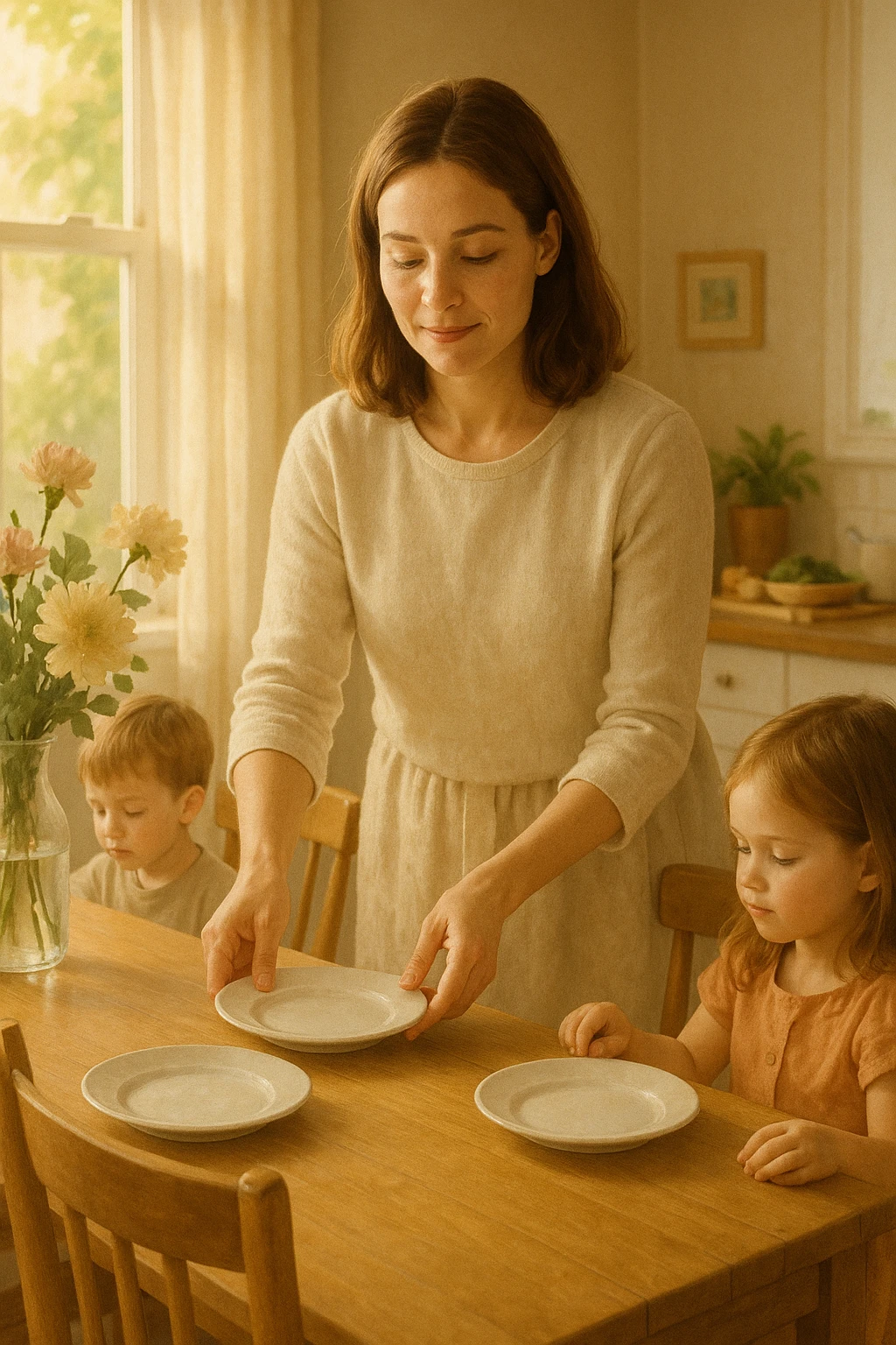 "Donna tra i 30 e i 40 anni, all’interno della sua casa luminosa, mentre prepara la tavola o accudisce i figli con un’espressione dolce e serena. Indossa abiti semplici e curati, simbolo di cura e presenza. Sullo sfondo si vedono dettagli di una casa armoniosa: fiori freschi, libri per bambini, un pranzo in preparazione. La scena trasmette calore, dedizione e stabilità familiare. Elementi visivi di supporto: luce solare che entra dalla finestra, atmosfera calda e rassicurante. Stile realistico con toni caldi e tenui emoji