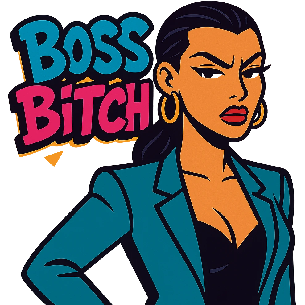 stern, sexy woman with slicked-back hair with 'Boss Bitch' in graffiti font in vibrant toon style emoji