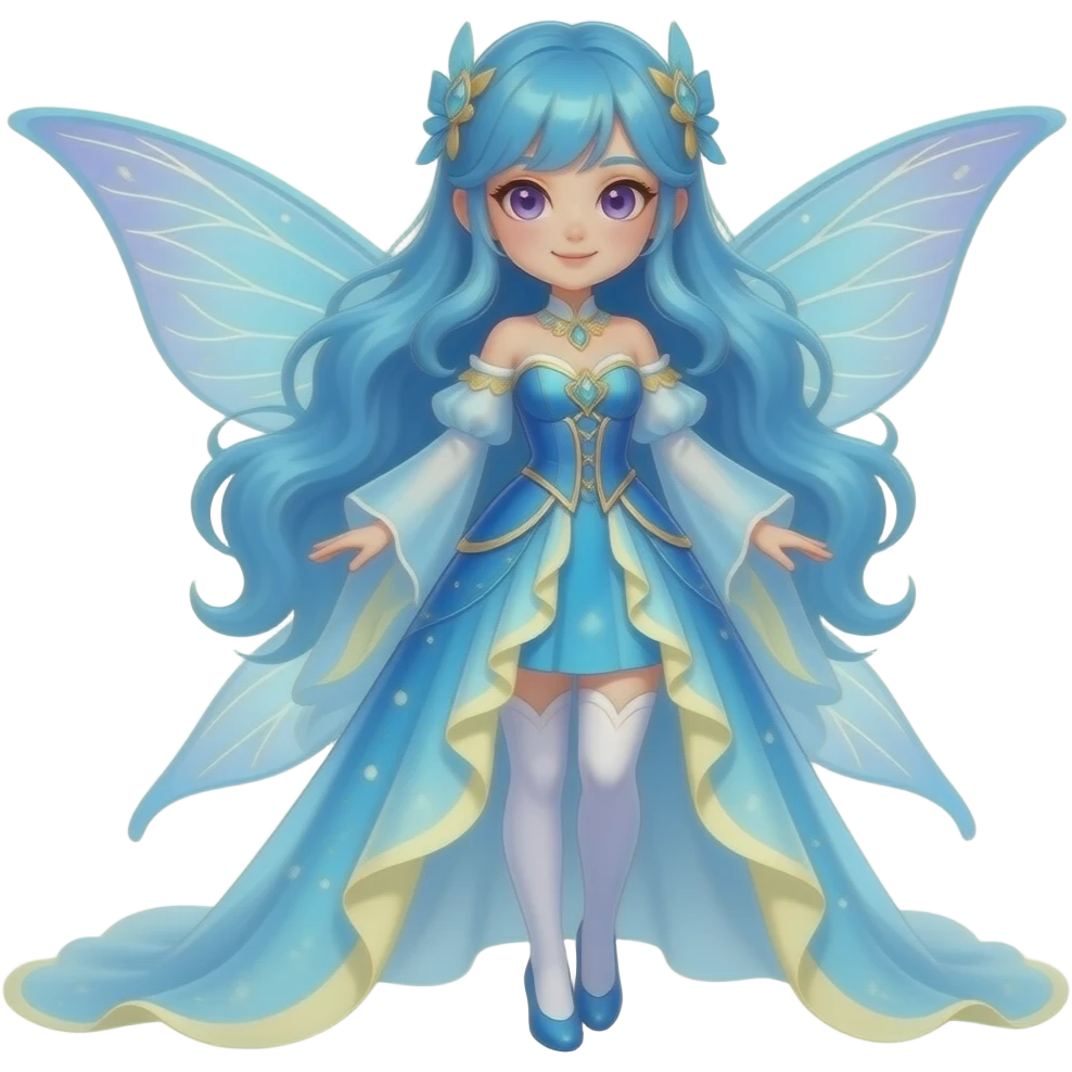 A female water fairy with a full body, blue hair violet eyes and wearing a blue outfit with white and cream yellow accents. emoji