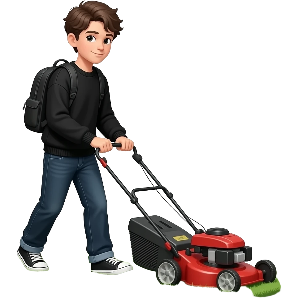 black loose-fitting jeans, black loose-fitting sweater, black backpack, Gen Z boy mowing the lawn with a lawn mower emoji