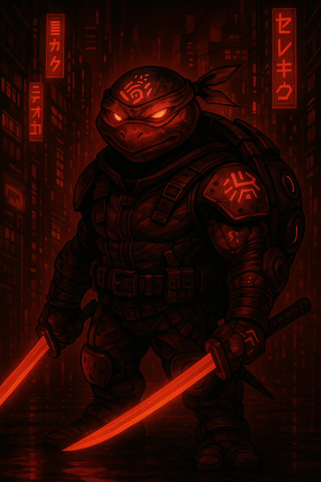Change the color scheme to red and black while keeping the neon-lit dystopian city background vibrant. Ensure the character's tribal markings and tech details remain visible and clear in the image. emoji