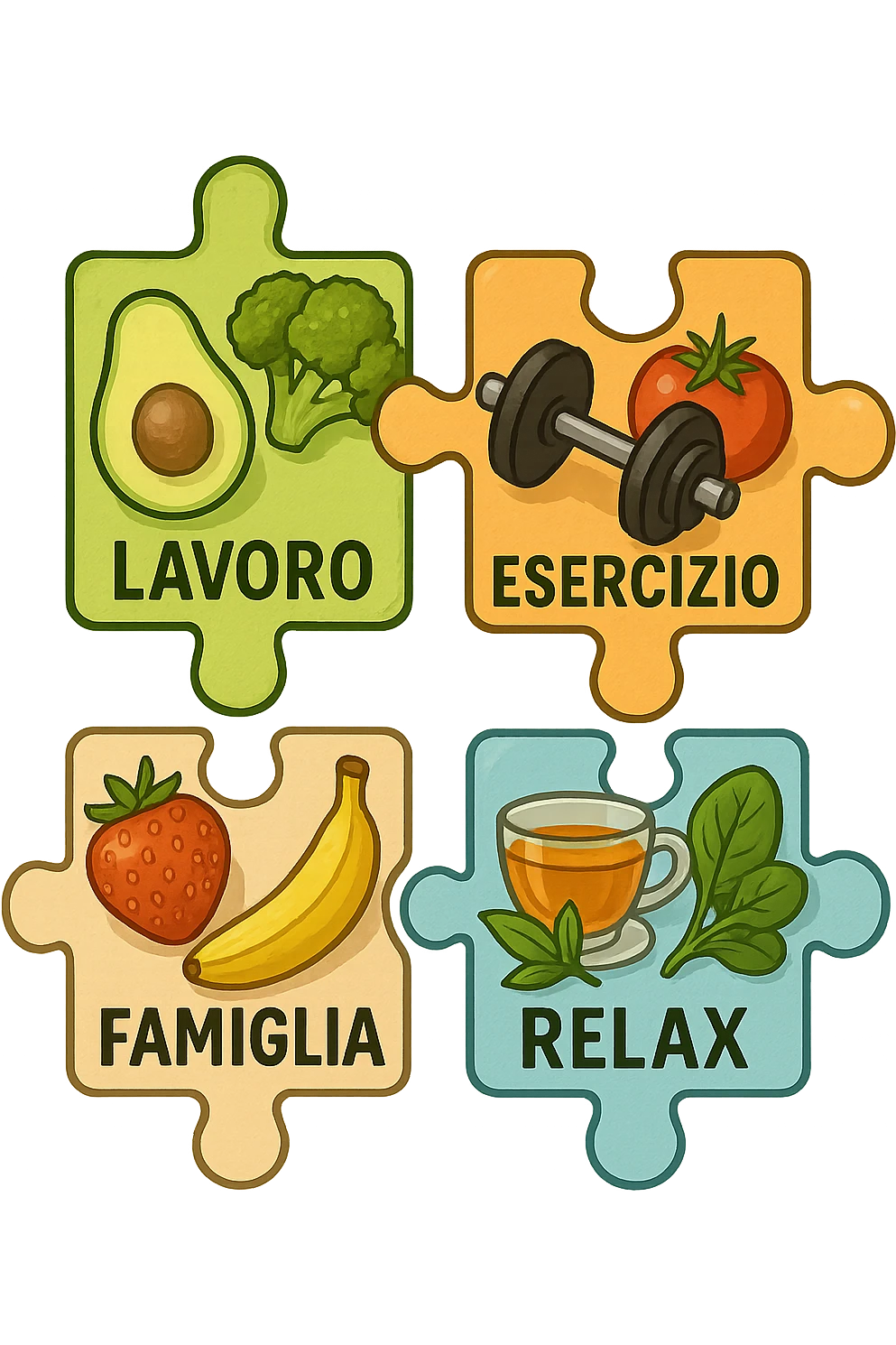 Puzzle (Lavoro, Esercizio, Famiglia, Relax), and healthy foods are integrated into each piece. in italiano emoji