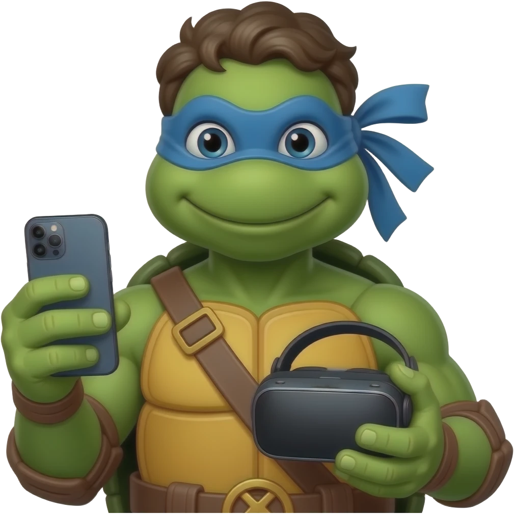 Michelangelo with blue mask (Teenage Mutant Ninja Turtles) holding a iPhone device on one hand and visionPro on another hand emoji