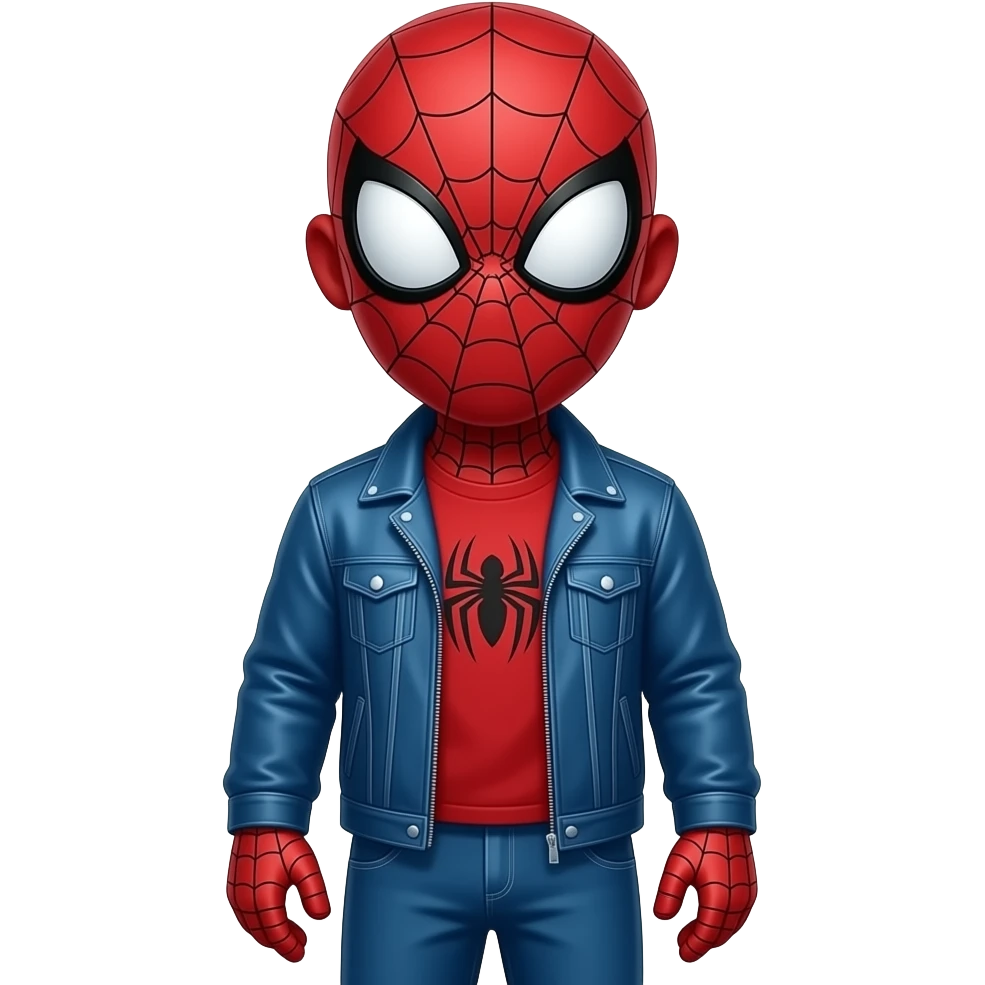 A red guy that has white eyes and triangle shaped eyes blue pants red gloves blue jacket and red T-shirt with a spider logo and no mouth and bald no ears emoji