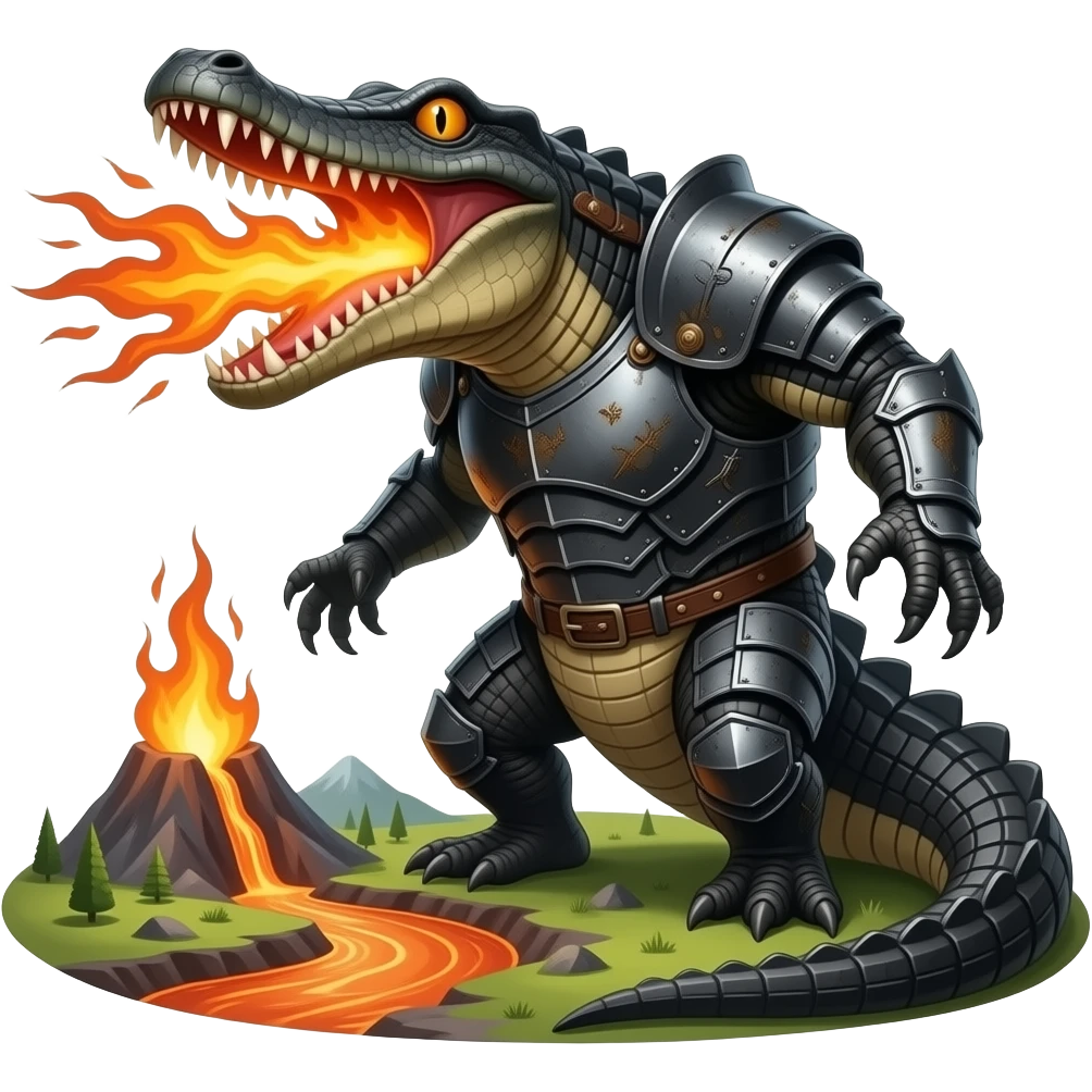 A crocodile-like monster with charcoal armor plates and a furnace-hot jaw. It lurks near geothermal rivers and snaps with explosive bursts of heat. emoji