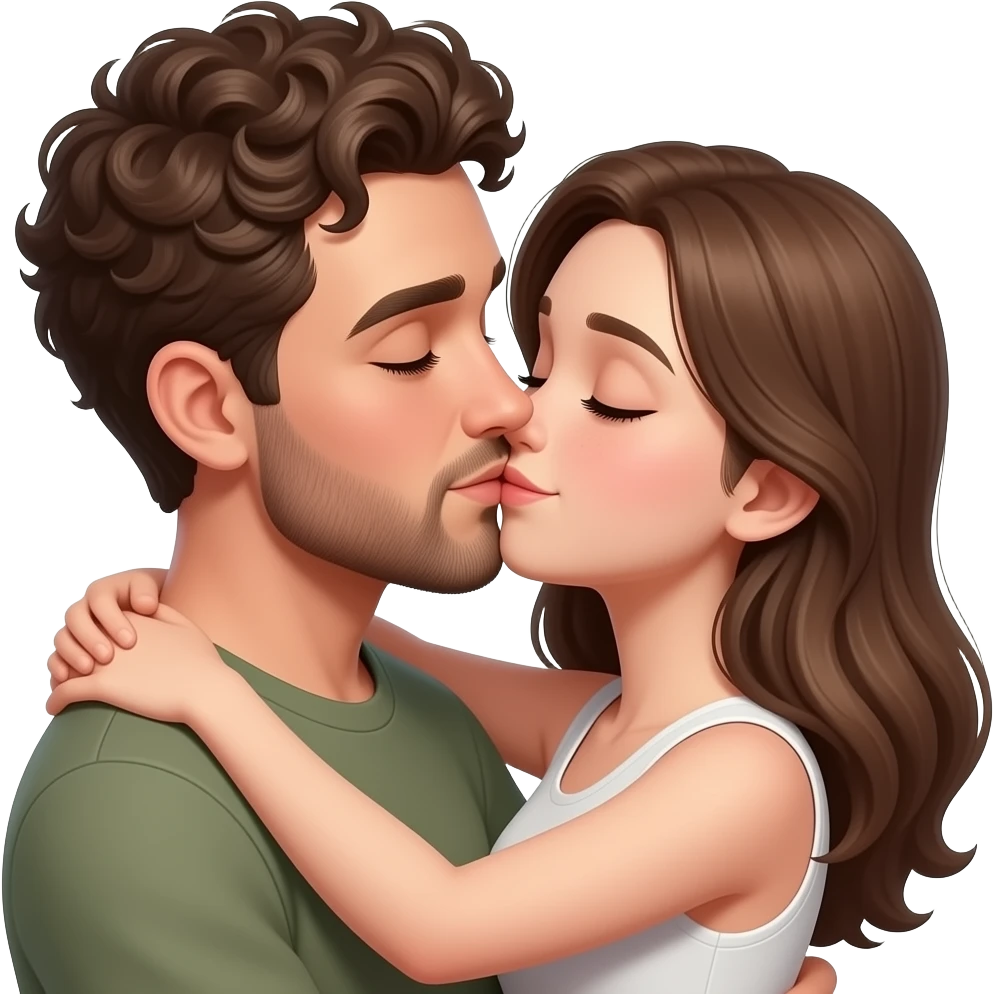 Realistic white man brown super short curly hair with beard kissing strongly and hugging realistic white girl brown hair emoji