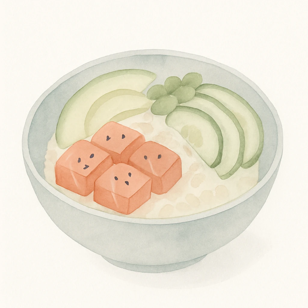 salmon poke bowl, watercolor style, soft edges, vibrant colors, artistic, food illustration emoji