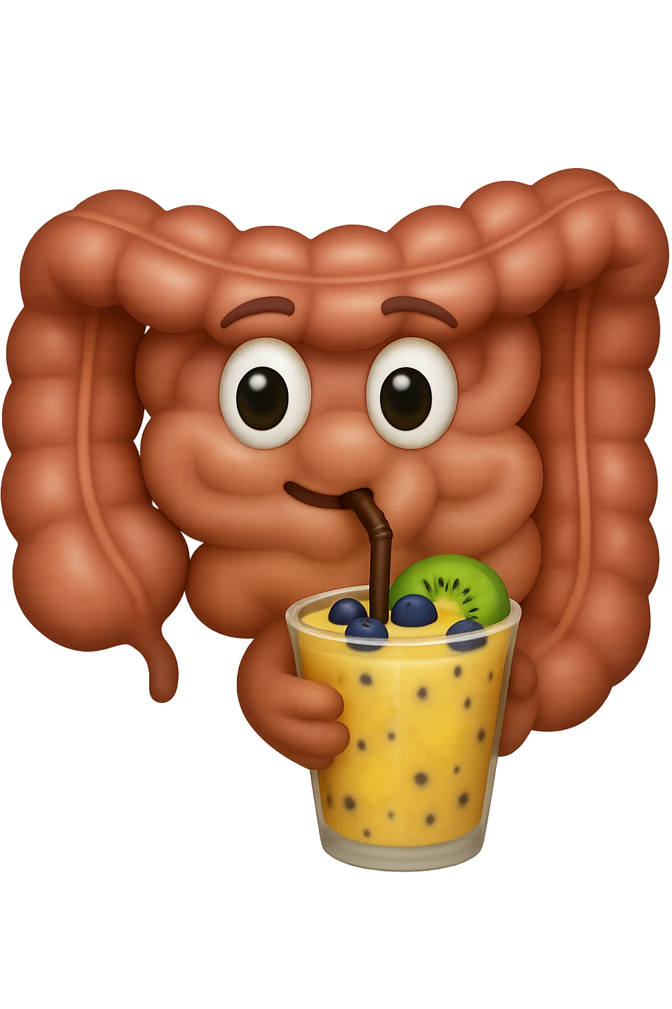 EMOJI STILE IPHONE DI un intestino umano anatomico che beve un frullato di mirtilli, ananas, kiwi, fagli anche la parte bianca degli occhi, non solo le pupille, REALISTICo 4K emoji