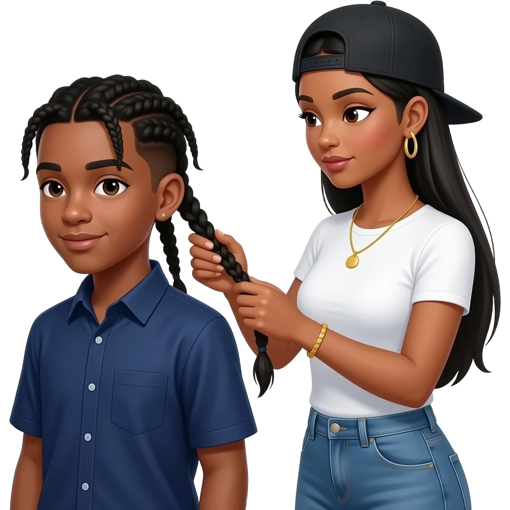African American teenage boy with two braids in hair wearing a navy blue button up shirt getting hair braided by African American woman with long straight black hair wearing a fitted white t shirt wearing a black adjustable cap backwards on head wearing hoop earrings wearing gold tennis necklaces emoji