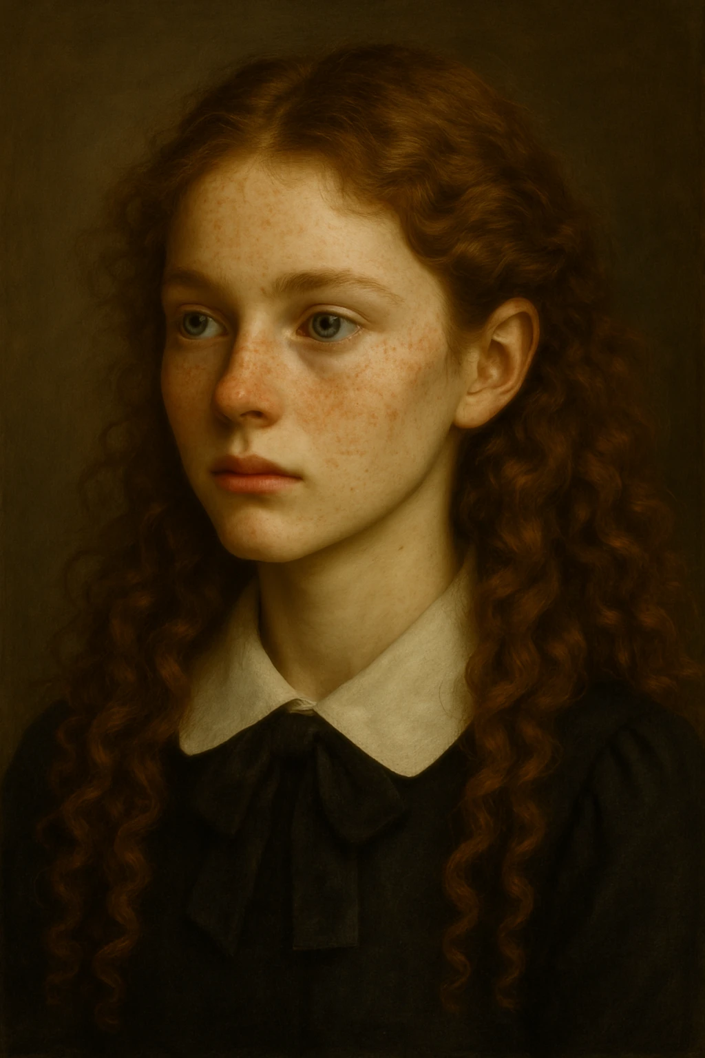 Make the girl's hair longer and curly, and put her in a school uniform. Maintain the original style and details of the image. emoji