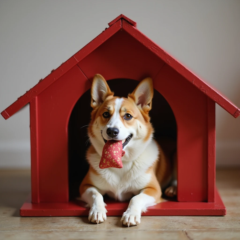 realistic red dog house with a Corgi dog inside, Corgi with a squeaky toy, photorealistic style emoji