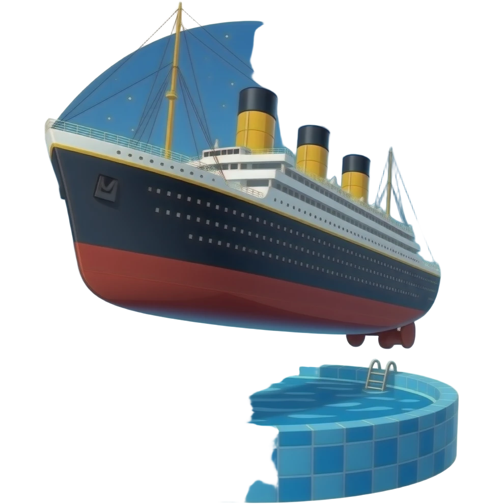 the ship Titanic hovers in the night sky above a pool of water emoji