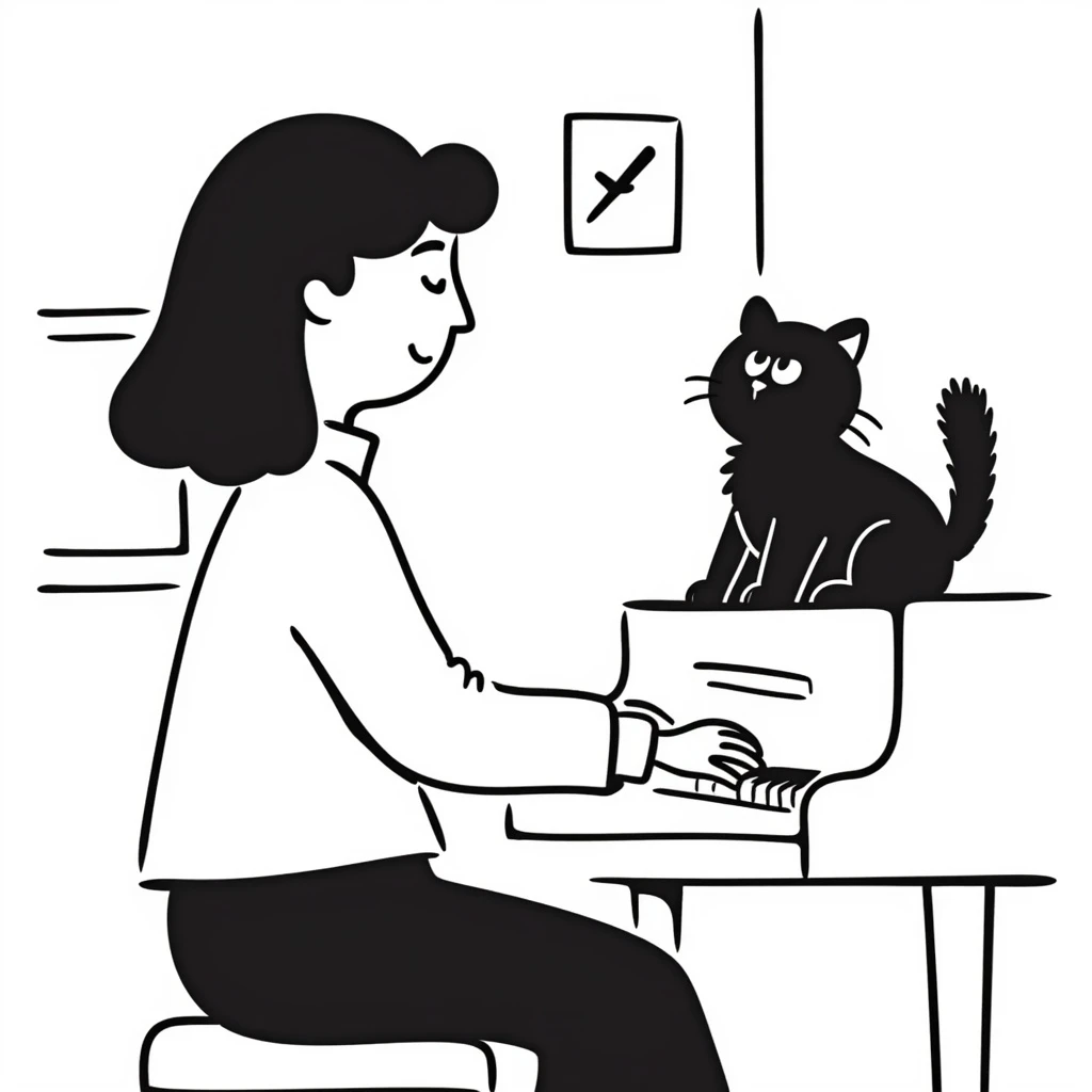 woman playing piano while her cat sits on top of the piano emoji