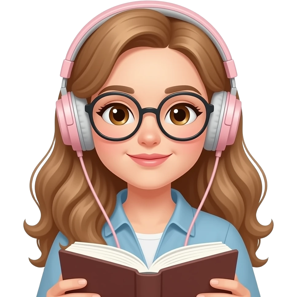 detailed emoji illustration of a curvy woman with long light brown wavy hair, light brown eyes and round glasses reading a book while wearing headphones pastel pink without any cable, calm focused vibe, cute emoji style emoji