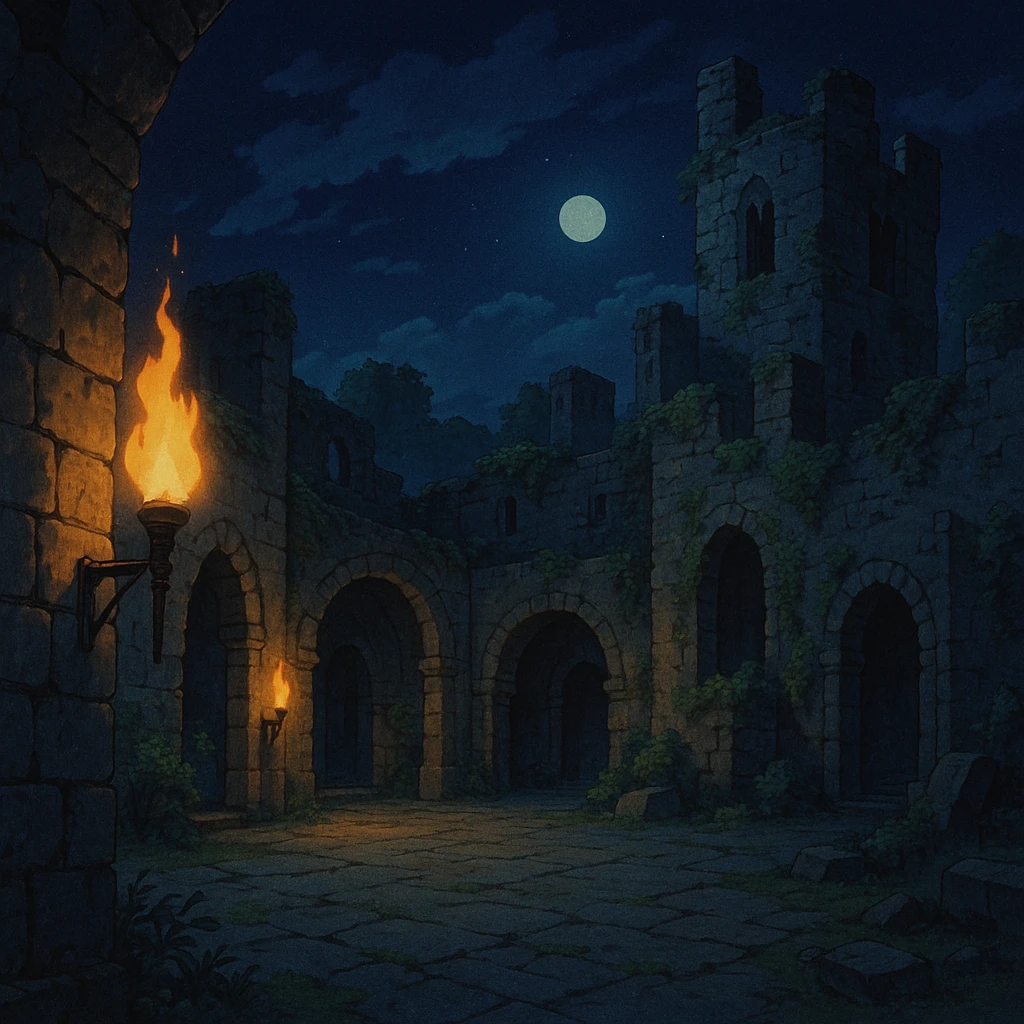 Midnight castle ruins torchlit courtyard emoji