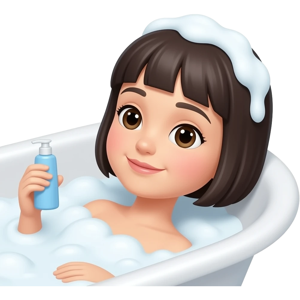 chica acostada en una tina bañandose, con shampooo en el cabello, de cabello oscuro y corto emoji