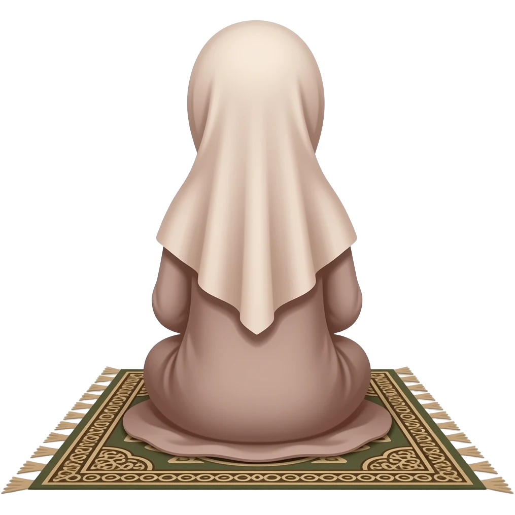 Cute Muslim girl in abaya sitting on a janamaz from behind, head lowered in dua. Soft colors, sticker style, faceless emoji