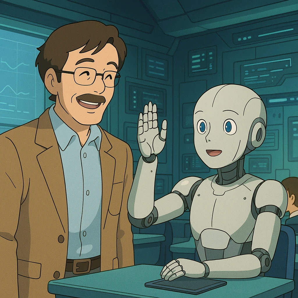 A human teacher smiling as an android student raises its hand to ask a question in a high-tech classroom emoji