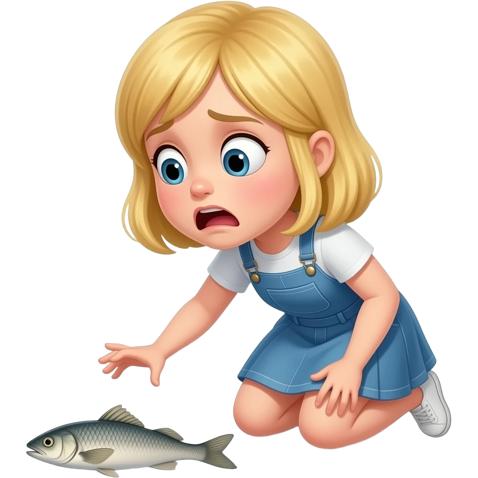 a blonde haired girl scared looking at a fishing on the ground emoji