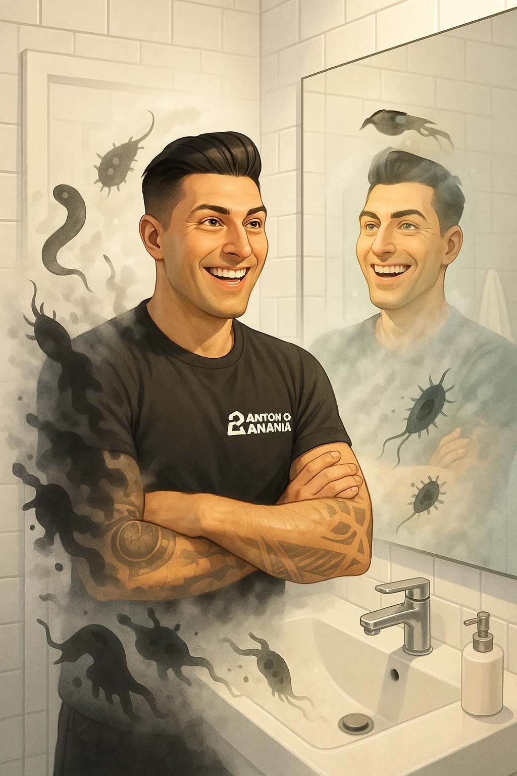 a man stands in a brightly lit bathroom, looking relieved and revitalized as he examines his reflection in the mirror. In the foreground, stylized, shadowy images of parasites (such as worms or protozoa) are shown leaving his body, dissolving into mist or fading away. His posture is upright and his expression is one of newfound energy and health. emoji