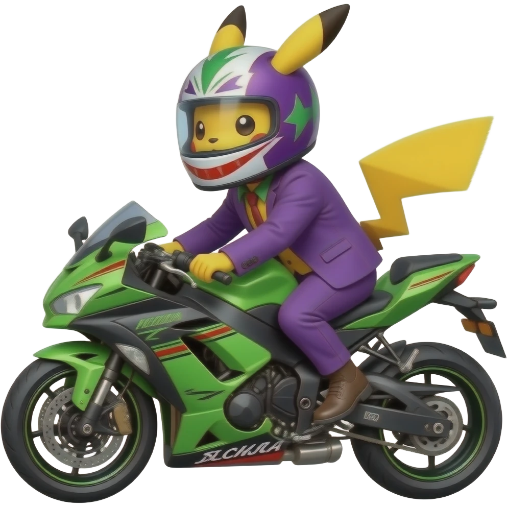 Pikachu riding green ninja mototcycle and joker helmete emoji