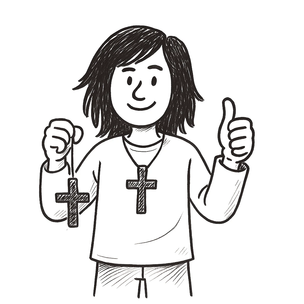 Make the person a boy with long brown hair, holding a cross and giving a thumbs up, in a hand-drawn doodle style. emoji