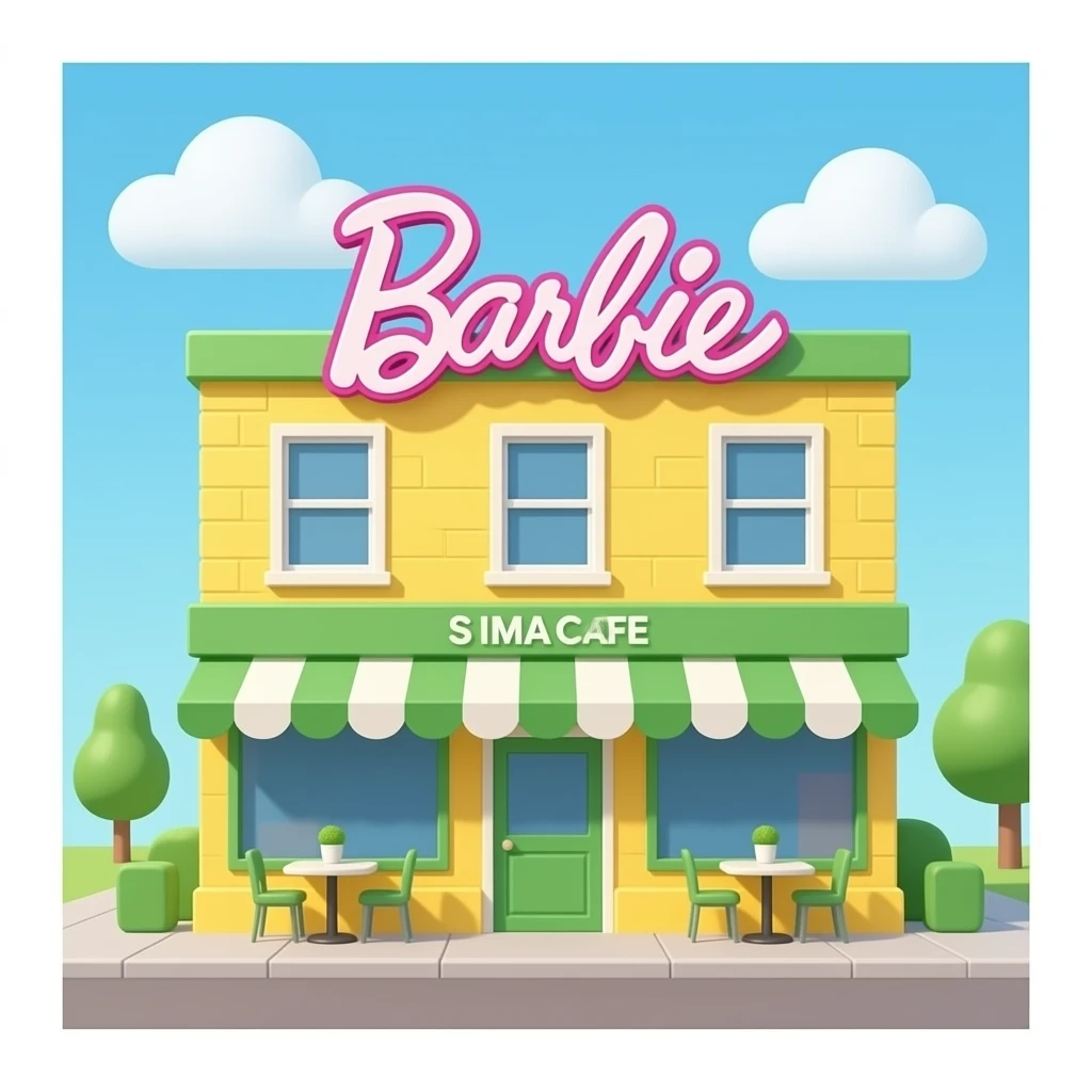 yellow green cafe building inspired by barbie colour pallete without sky emoji