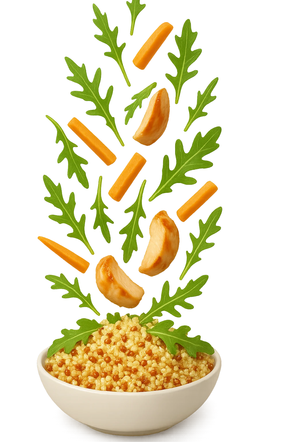 EMOJI STILE IPHONE DI Insalata di quinoa e pollo con rucola e carote che cade verticalmente dall'alto, iperrealistica 4k emoji