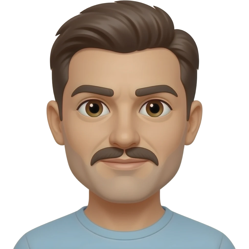 persona blanca con cejas gruesas y bigote, ojos cafés emoji