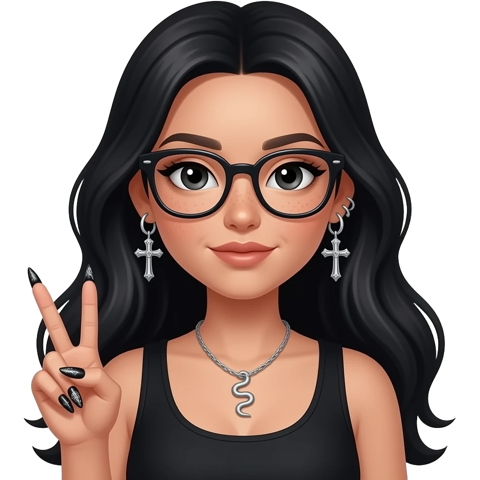 Girl in black, sitting (upper body), long voluminous hair, black eyes with light eyeliner, glasses, subtle freckles. Helix-to-lobe chain earrings with skeleton cross details, small silver snake necklace. Holding a peace sign, long black and silver nails with detailed designs emoji