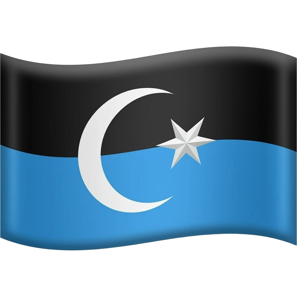 Флаг 2 полос. Верхняя полоса чёрная, нижняя полоса синяя. Посередине нарисован белый символ полумесяц со звездой. Форма флага не квадратная, а флаговая emoji