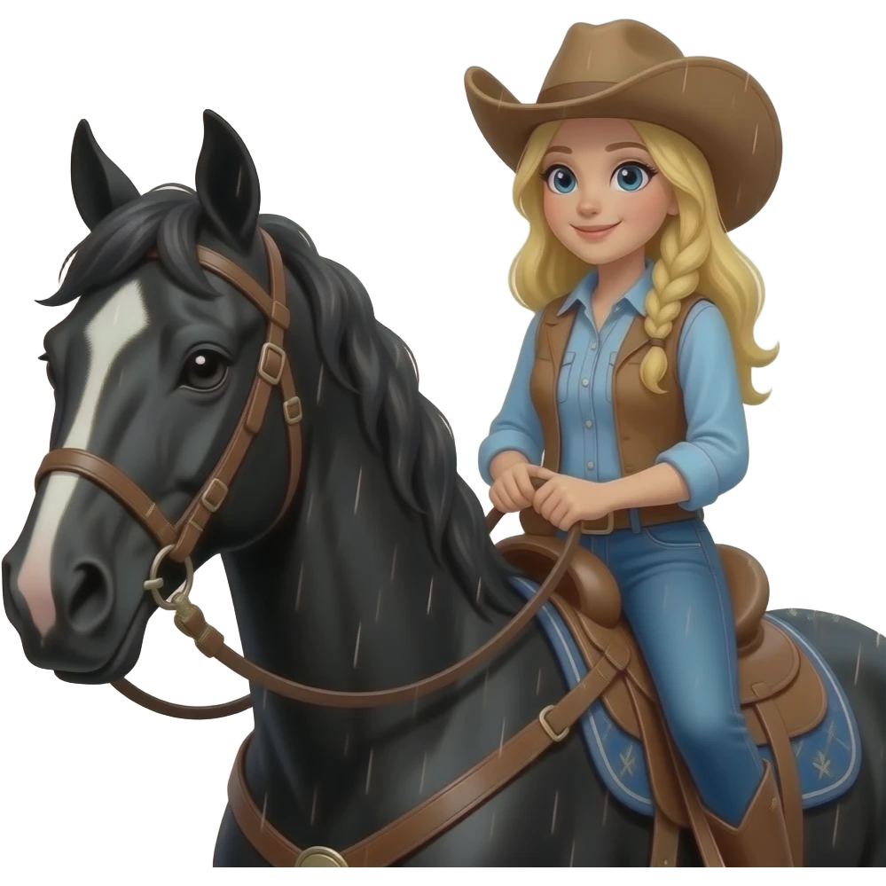 Blonde cowgirl leading black horse in the rain emoji