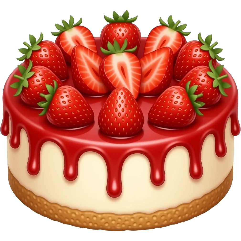 A big full circle Cheese cake with gram cracker crust and a strawberry with strawberry purée drizzle emoji