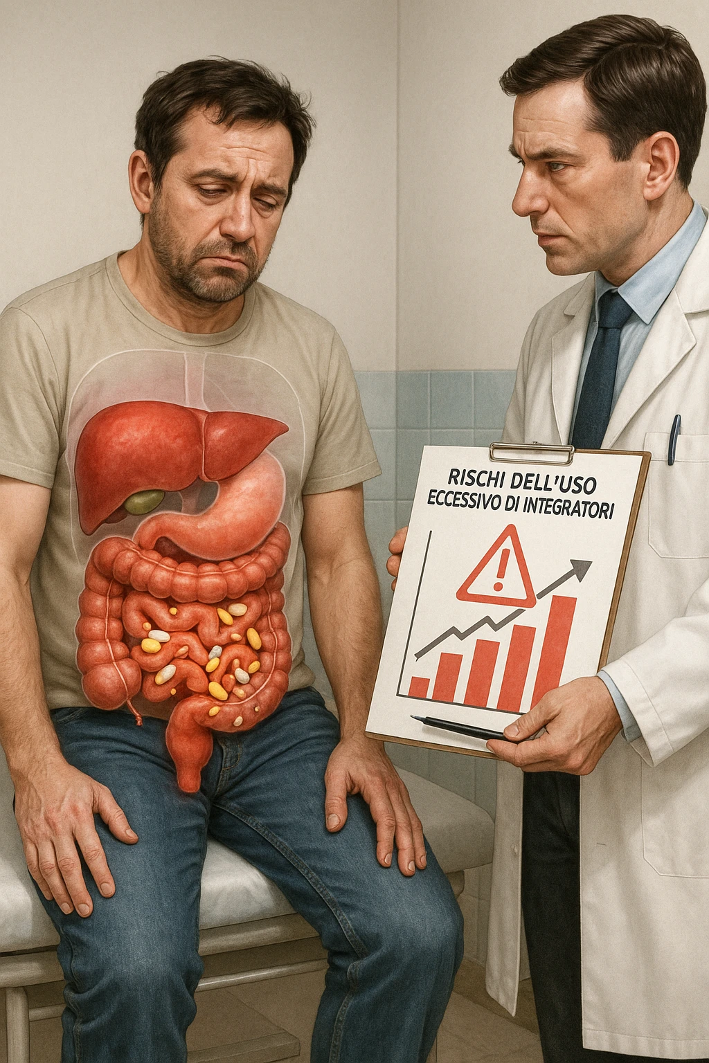 a man sits on a doctor’s examination table, looking fatigued and uncomfortable. A transparent anatomical overlay reveals his liver and intestines, both appearing inflamed and congested, with stylized supplement capsules and pills scattered throughout the digestive tract. The doctor stands nearby, holding a chart that highlights the risks of excessive supplement use. The mood is clinical and educational. in italiano iperrealistica emoji