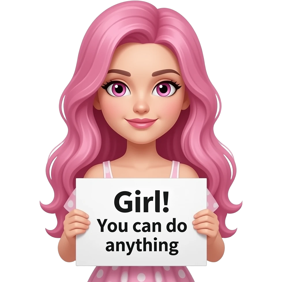sexy girl with long pink hair and pink eyes wearing a dress holding a GIRL! You can do anything sign emoji