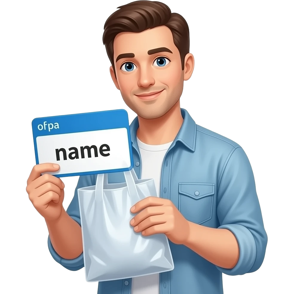 man checking name label on plastic shopping bag. informally dressed and oversized name label says "name" on it emoji