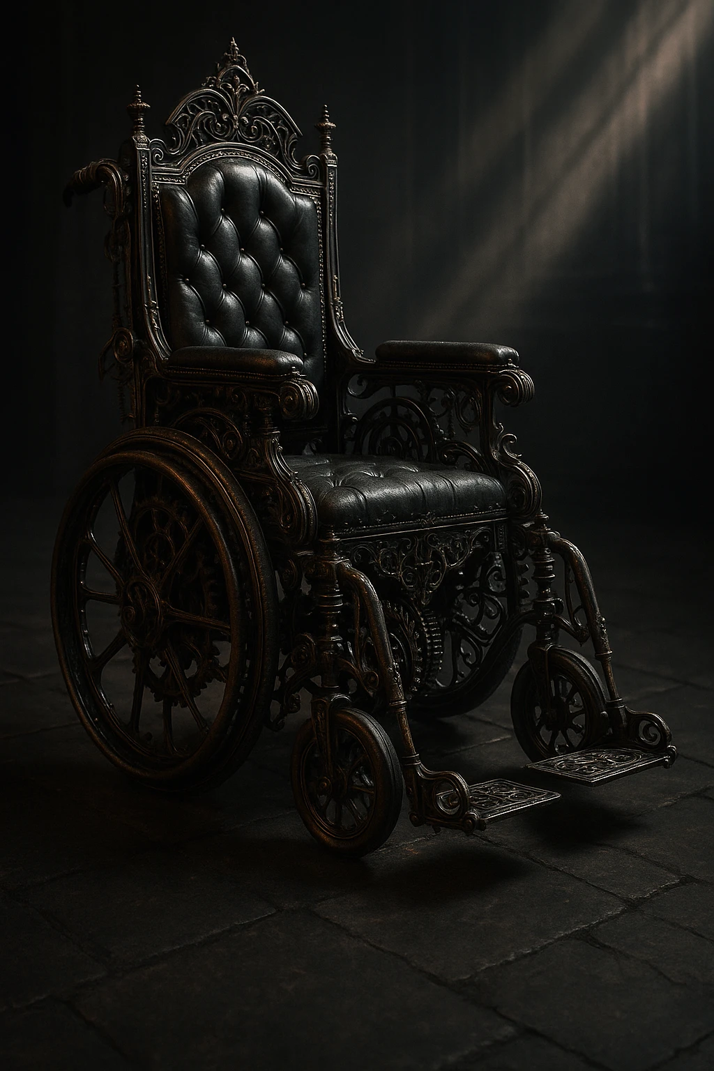 gothic steampunk wheelchair, ornate gears, dark metal, Victorian details, dramatic lighting emoji
