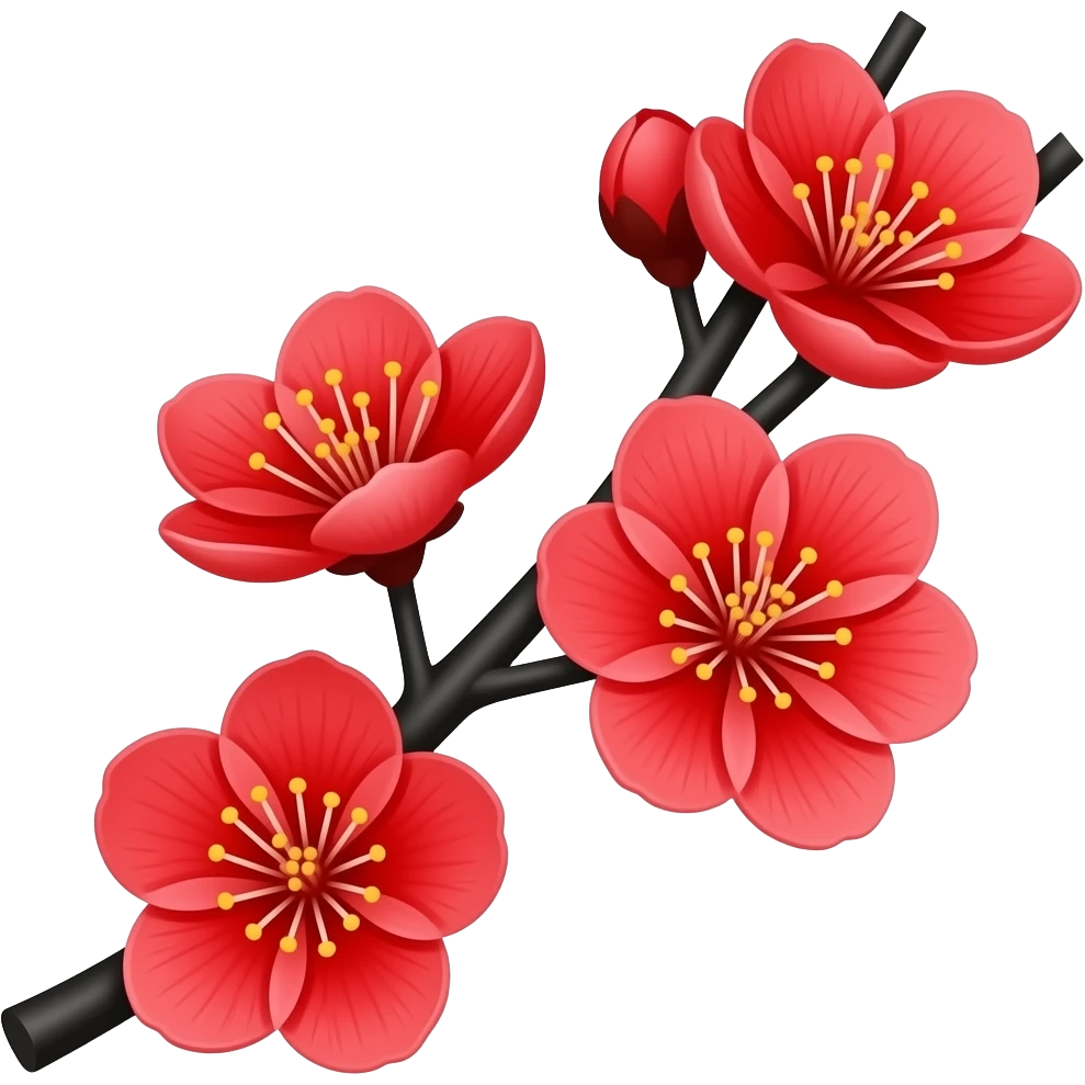 2D Render iPhone emoji png of red cherry blossom flowers on black branches emoji